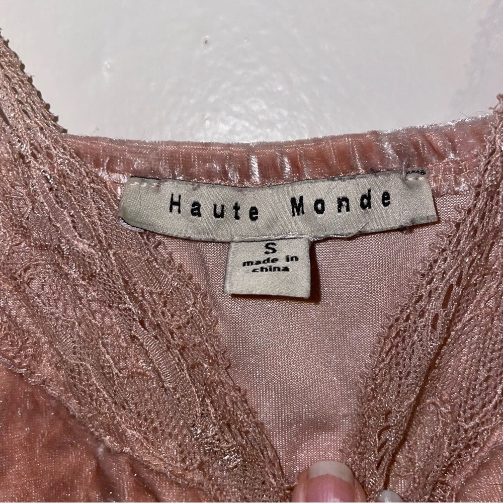 Haute Monde pink velvet tank top with lace detail - size small
